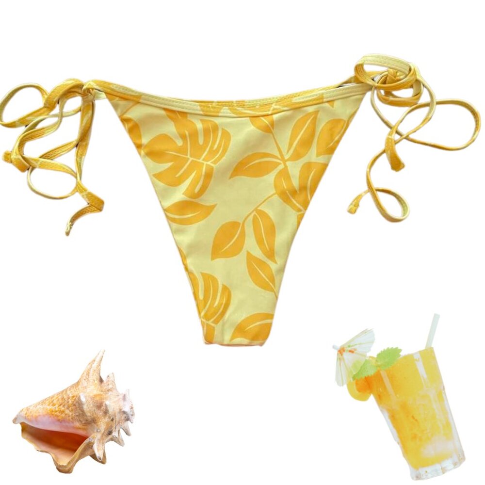 Tropical Yellow Orange String Bikini Bottom XS Floral Swimwear Beachy Y2K - Picture 3 of 8